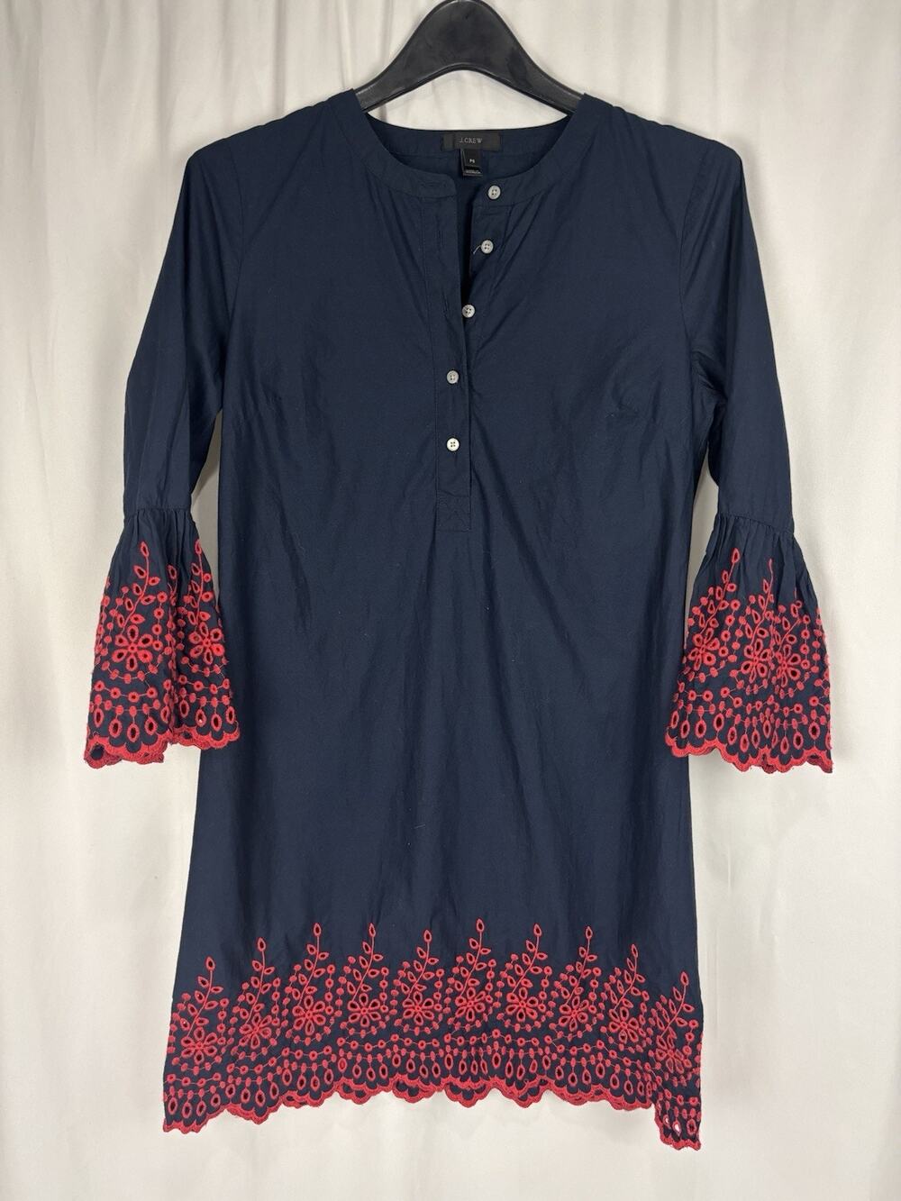 J.Crew Dress Women Petite S Eyelet Bell Sleeves Blue Shift Multicolor 3/4 Sleeve